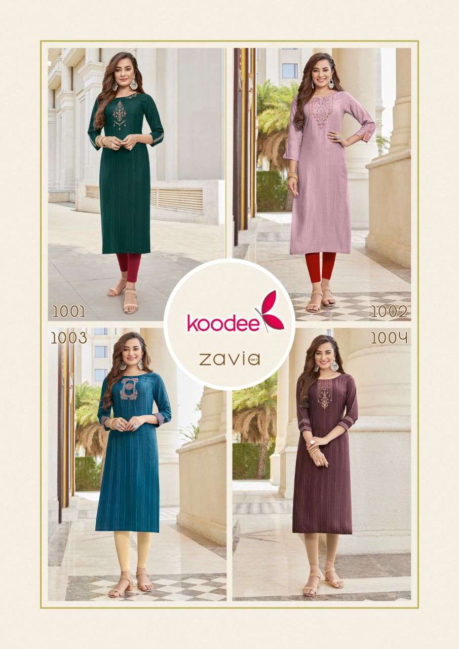 ZAVIA VOL-1 BY KOODEE 1001 TO 1004 SERIES DESIGNER STYLISH FANCY COLORFUL BEAUTIFUL PARTY WEAR & ETHNIC WEAR COLLECTION VISCOSE KURTIS AT WHOLESALE PRICE