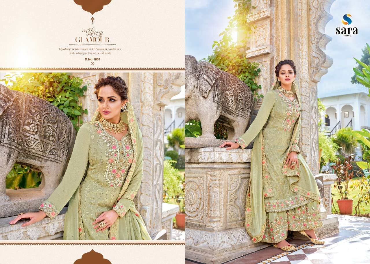 PUSHPA BY SARA TRENDZ 1001 TO 1004 SERIES BEAUTIFUL SUITS COLORFUL STYLISH FANCY CASUAL WEAR & ETHNIC WEAR CHINNON EMBROIDERED DRESSES AT WHOLESALE PRICE