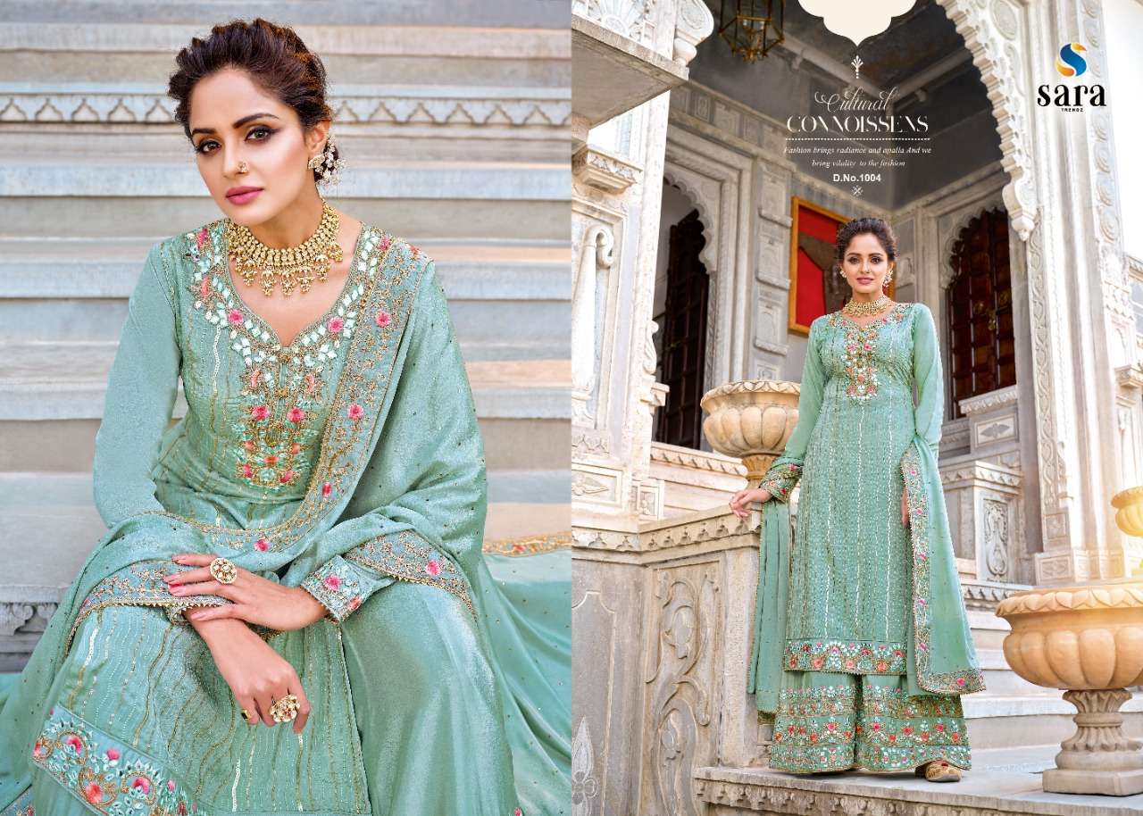 PUSHPA BY SARA TRENDZ 1001 TO 1004 SERIES BEAUTIFUL SUITS COLORFUL STYLISH FANCY CASUAL WEAR & ETHNIC WEAR CHINNON EMBROIDERED DRESSES AT WHOLESALE PRICE