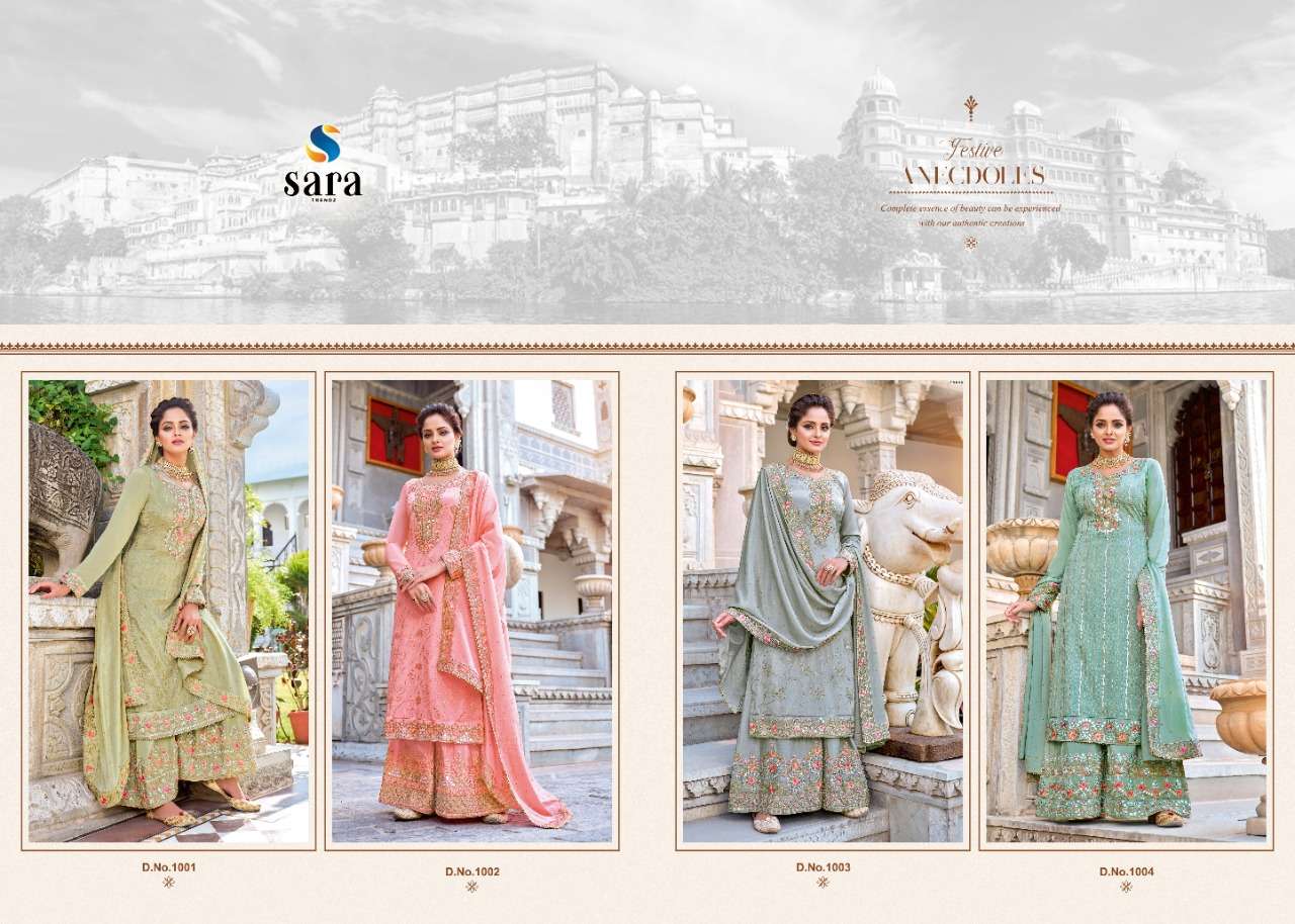 PUSHPA BY SARA TRENDZ 1001 TO 1004 SERIES BEAUTIFUL SUITS COLORFUL STYLISH FANCY CASUAL WEAR & ETHNIC WEAR CHINNON EMBROIDERED DRESSES AT WHOLESALE PRICE