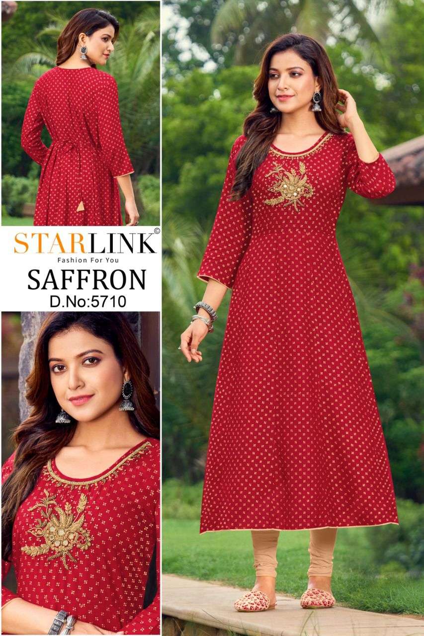 SAFFRON BY STARLINK 5701 TO 5710 SERIES DESIGNER STYLISH FANCY COLORFUL BEAUTIFUL PARTY WEAR & ETHNIC WEAR COLLECTION PURE RAYON KURTIS AT WHOLESALE PRICE