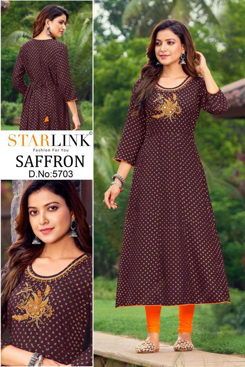 SAFFRON BY STARLINK 5701 TO 5710 SERIES DESIGNER STYLISH FANCY COLORFUL BEAUTIFUL PARTY WEAR & ETHNIC WEAR COLLECTION PURE RAYON KURTIS AT WHOLESALE PRICE