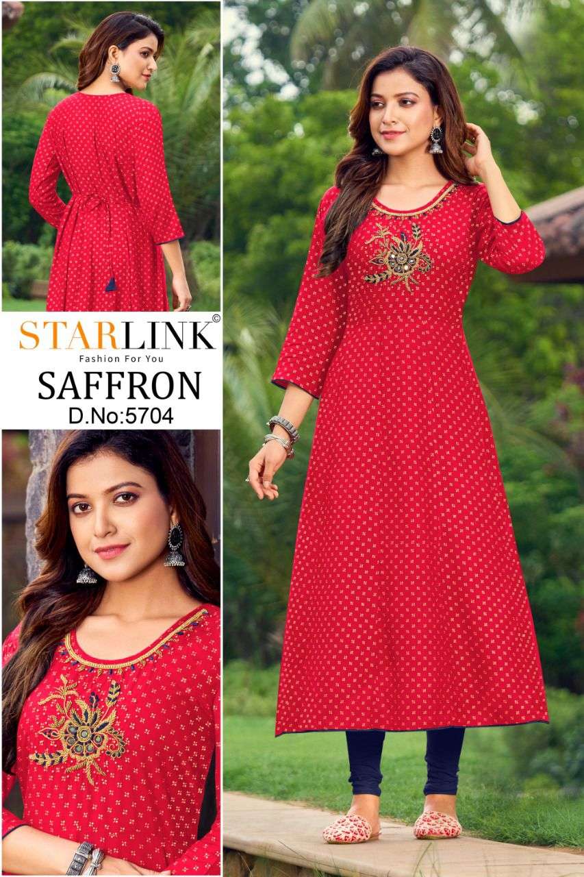 SAFFRON BY STARLINK 5701 TO 5710 SERIES DESIGNER STYLISH FANCY COLORFUL BEAUTIFUL PARTY WEAR & ETHNIC WEAR COLLECTION PURE RAYON KURTIS AT WHOLESALE PRICE