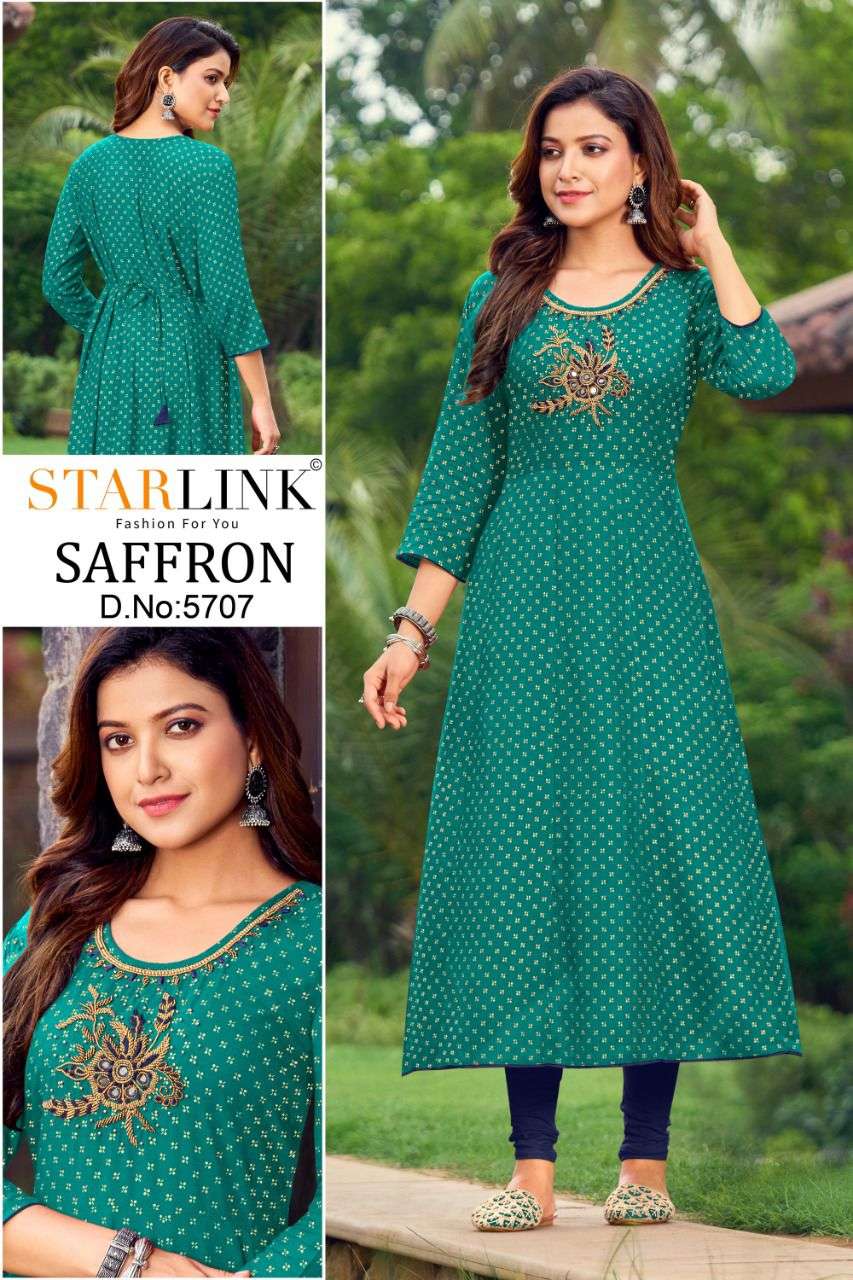 SAFFRON BY STARLINK 5701 TO 5710 SERIES DESIGNER STYLISH FANCY COLORFUL BEAUTIFUL PARTY WEAR & ETHNIC WEAR COLLECTION PURE RAYON KURTIS AT WHOLESALE PRICE