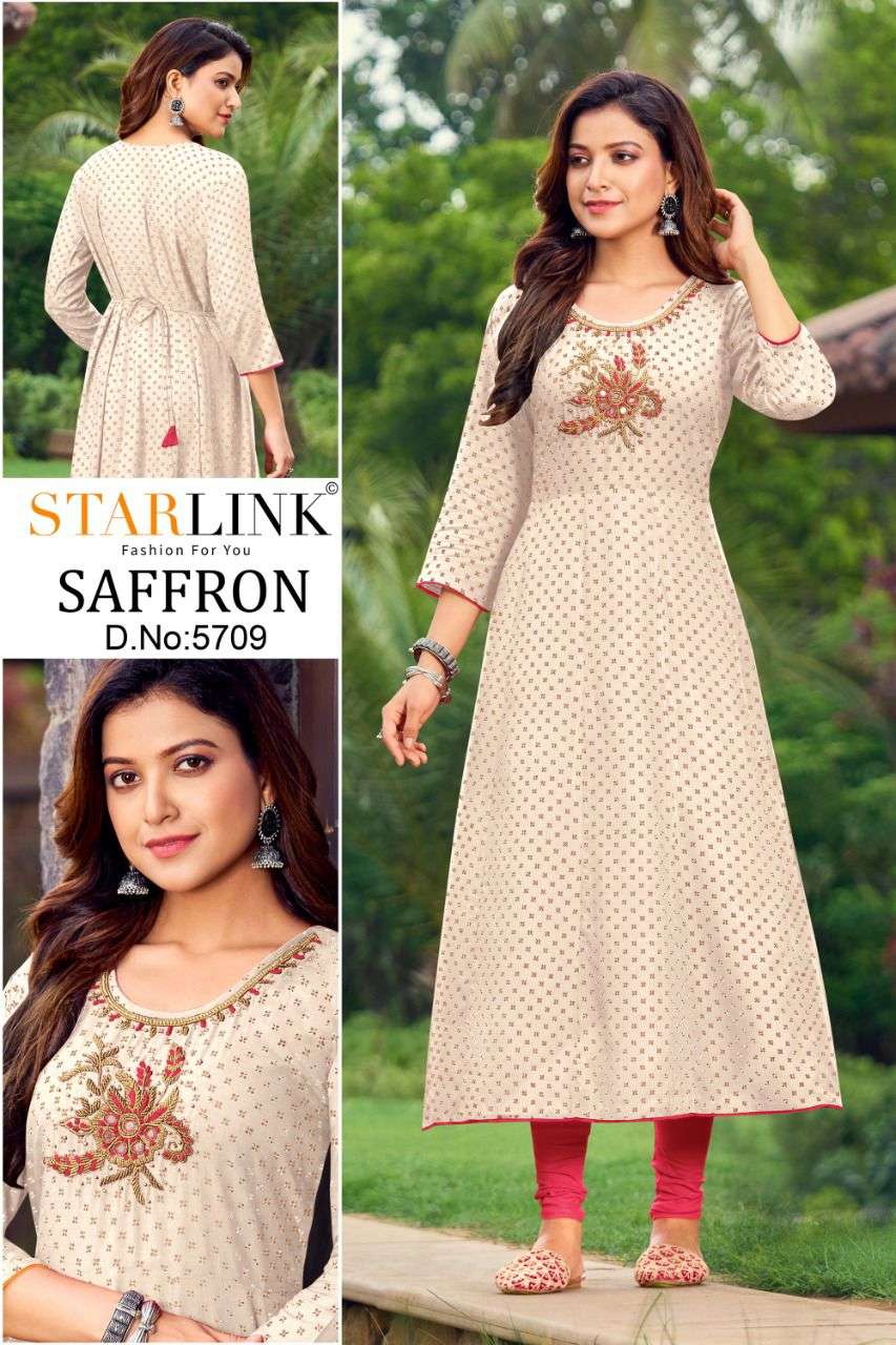 SAFFRON BY STARLINK 5701 TO 5710 SERIES DESIGNER STYLISH FANCY COLORFUL BEAUTIFUL PARTY WEAR & ETHNIC WEAR COLLECTION PURE RAYON KURTIS AT WHOLESALE PRICE