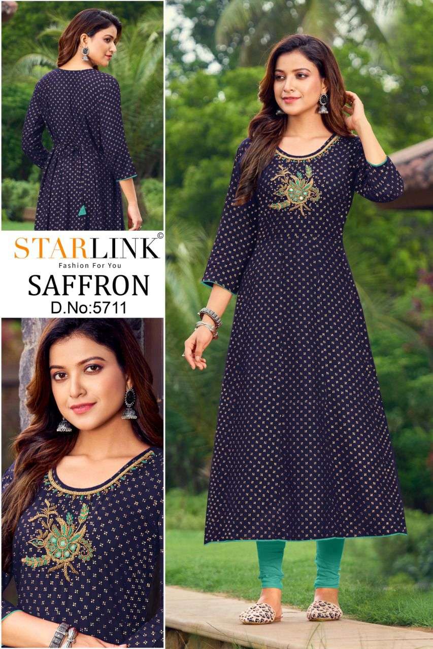 SAFFRON BY STARLINK 5701 TO 5710 SERIES DESIGNER STYLISH FANCY COLORFUL BEAUTIFUL PARTY WEAR & ETHNIC WEAR COLLECTION PURE RAYON KURTIS AT WHOLESALE PRICE