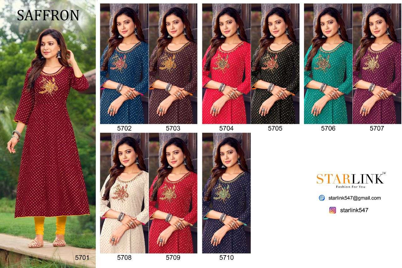 SAFFRON BY STARLINK 5701 TO 5710 SERIES DESIGNER STYLISH FANCY COLORFUL BEAUTIFUL PARTY WEAR & ETHNIC WEAR COLLECTION PURE RAYON KURTIS AT WHOLESALE PRICE