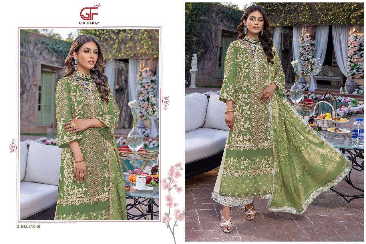 AZURE VOL-3 BY GUL FARAZ 510-A TO 510-D SERIES BEAUTIFUL PAKISTANI SUITS COLORFUL STYLISH FANCY CASUAL WEAR & ETHNIC WEAR FAUX GEORGETTE EMBROIDERED DRESSES AT WHOLESALE PRICE