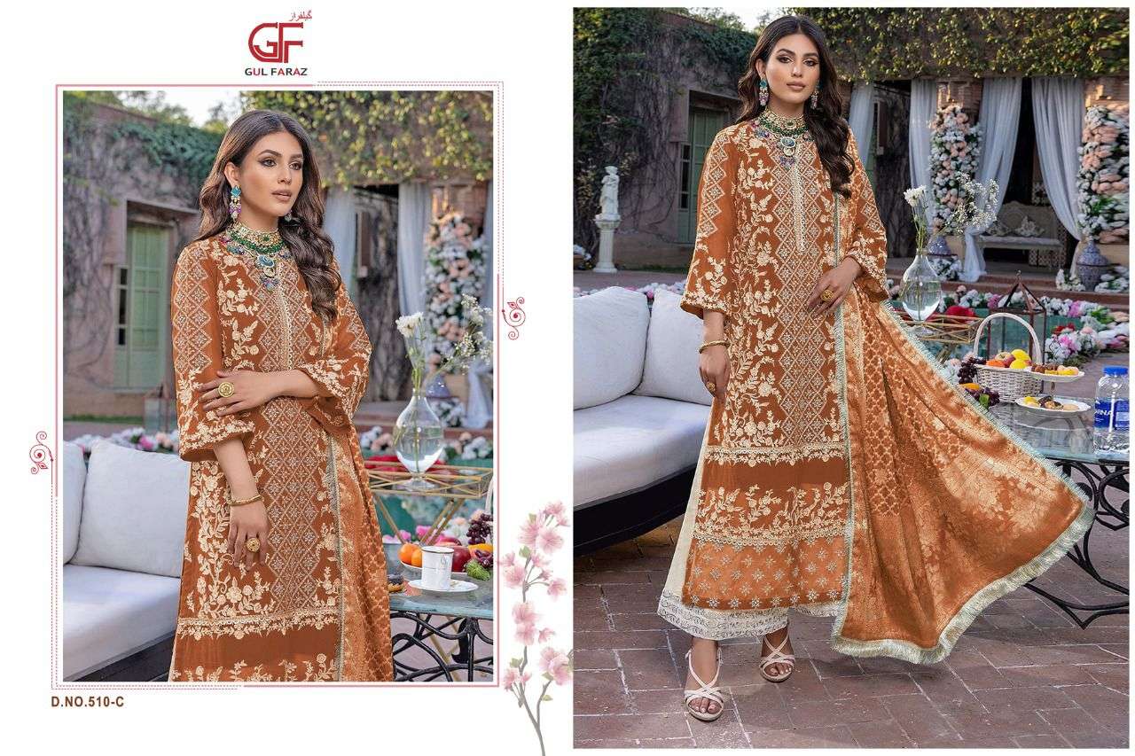 AZURE VOL-3 BY GUL FARAZ 510-A TO 510-D SERIES BEAUTIFUL PAKISTANI SUITS COLORFUL STYLISH FANCY CASUAL WEAR & ETHNIC WEAR FAUX GEORGETTE EMBROIDERED DRESSES AT WHOLESALE PRICE