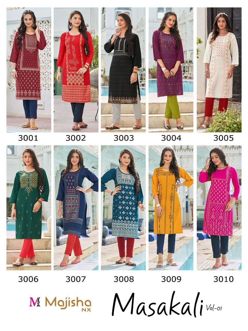 MASAKALI BY MAJISHA NX 1001 TO 1010 SERIES DESIGNER STYLISH FANCY COLORFUL BEAUTIFUL PARTY WEAR & ETHNIC WEAR COLLECTION RAYON WITH WORK KURTIS AT WHOLESALE PRICE