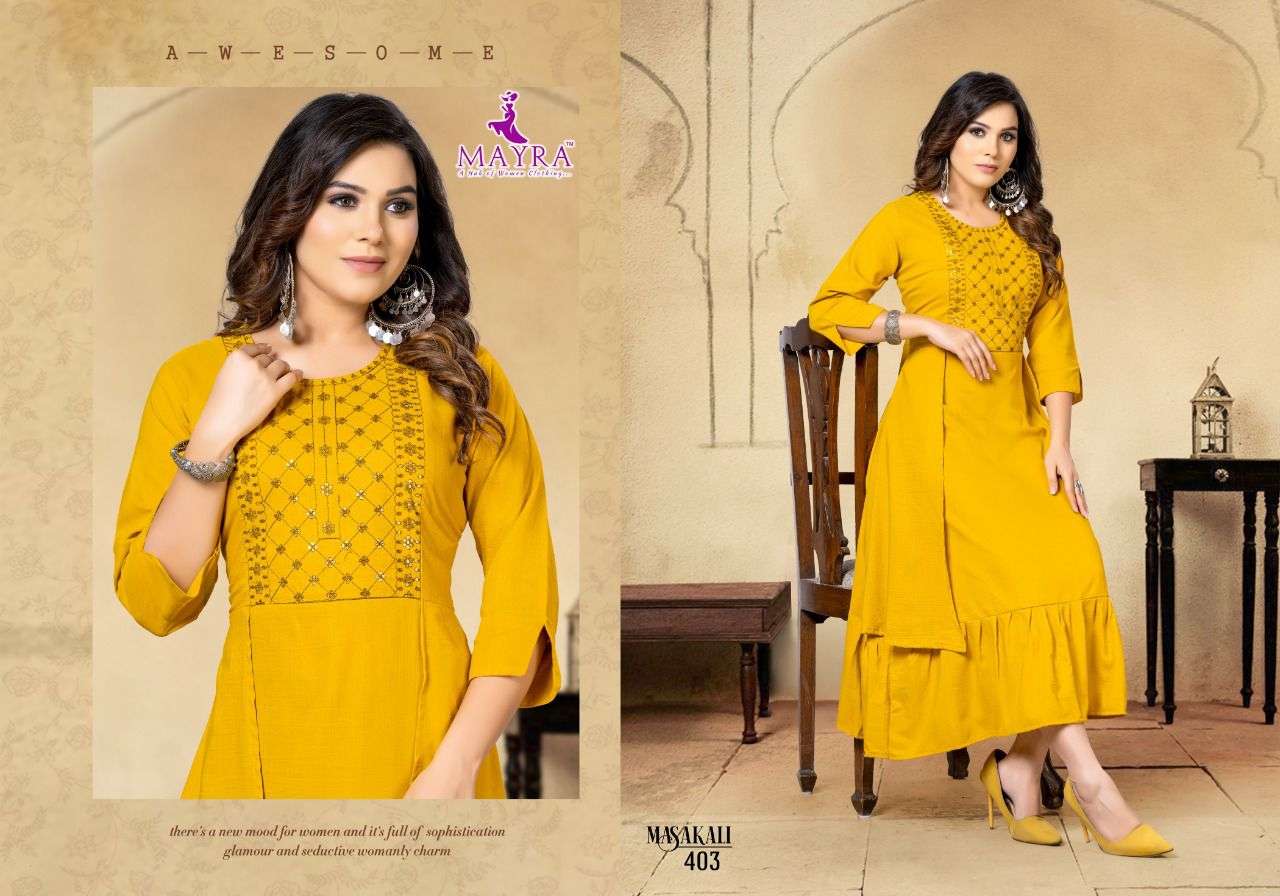 MASAKALI BY MAYRA 101 TO 106 SERIES DESIGNER STYLISH FANCY COLORFUL BEAUTIFUL PARTY WEAR & ETHNIC WEAR COLLECTION SLUB KURTIS AT WHOLESALE PRICE