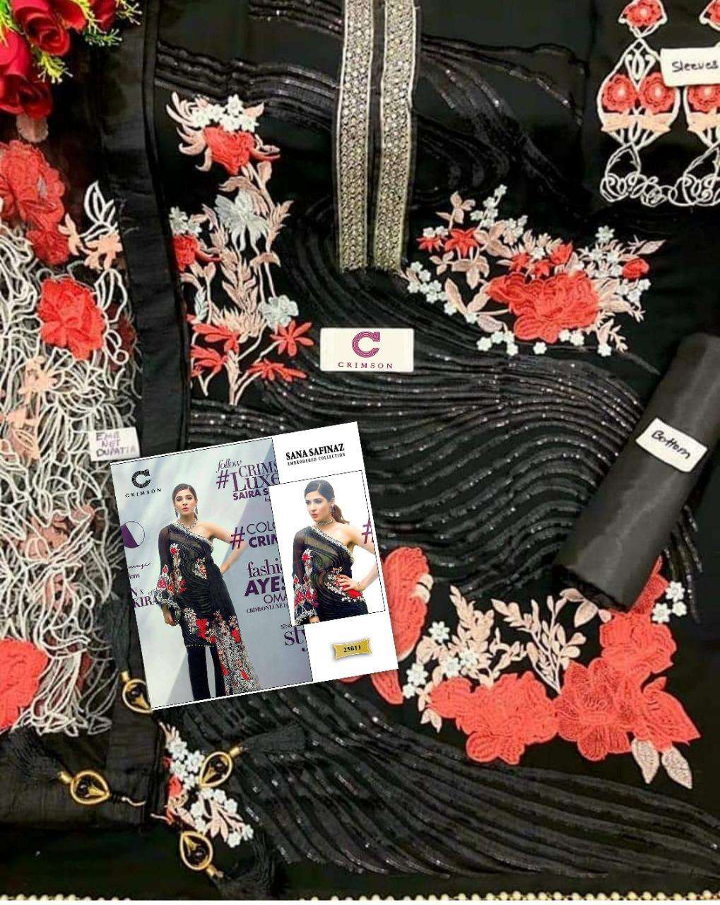 SANA SAFINAZ EMBROIDERED COLLECTION BY CRIMSON 25011 TO 25011-B SERIES PAKISTANI STYLISH BEAUTIFUL COLOURFUL PRINTED & EMBROIDERED PARTY WEAR & OCCASIONAL WEAR GEORGETTE EMBROIDERED DRESSES AT WHOLESALE PRICE