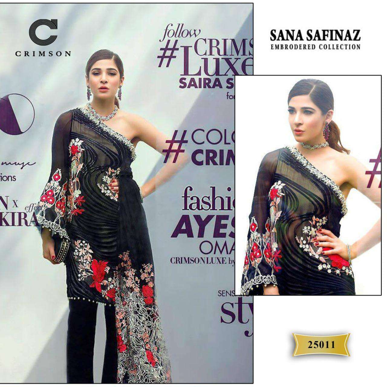 SANA SAFINAZ EMBROIDERED COLLECTION BY CRIMSON 25011 TO 25011-B SERIES PAKISTANI STYLISH BEAUTIFUL COLOURFUL PRINTED & EMBROIDERED PARTY WEAR & OCCASIONAL WEAR GEORGETTE EMBROIDERED DRESSES AT WHOLESALE PRICE
