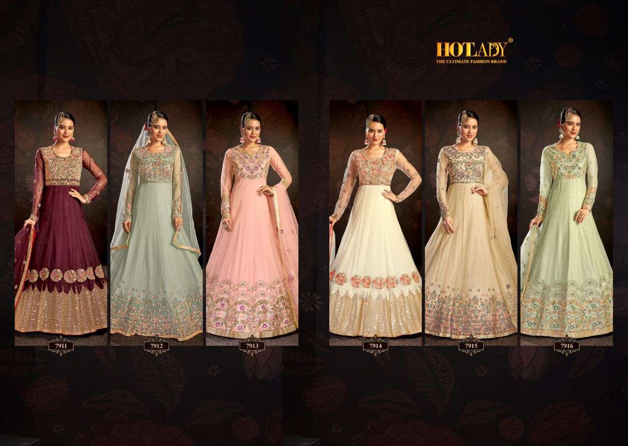 Nasheen Vol-3 By Hot Lady 7911 To 7916 Series Beautiful Anarkali Suits Colorful Stylish Fancy Casual Wear & Ethnic Wear Net Dresses At Wholesale Price