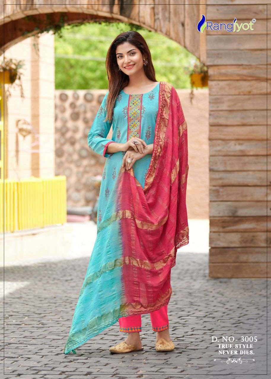 Rang Maya Vol-3 By Rangjyot Fashion 3001 To 3008 Series Beautiful Suits Colorful Stylish Fancy Casual Wear & Ethnic Wear Rayon Print With Work Dresses At Wholesale Price
