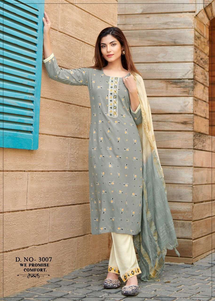Rang Maya Vol-3 By Rangjyot Fashion 3001 To 3008 Series Beautiful Suits Colorful Stylish Fancy Casual Wear & Ethnic Wear Rayon Print With Work Dresses At Wholesale Price