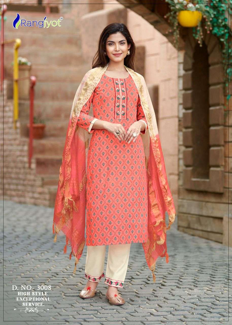 Rang Maya Vol-3 By Rangjyot Fashion 3001 To 3008 Series Beautiful Suits Colorful Stylish Fancy Casual Wear & Ethnic Wear Rayon Print With Work Dresses At Wholesale Price
