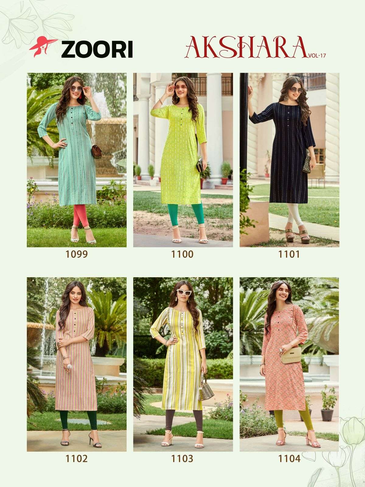 AKSHARA VOL-17 BY ZOORI 1099 TO 1104 SERIES DESIGNER STYLISH FANCY COLORFUL BEAUTIFUL PARTY WEAR & ETHNIC WEAR COLLECTION RAYON PRINT KURTIS AT WHOLESALE PRICE