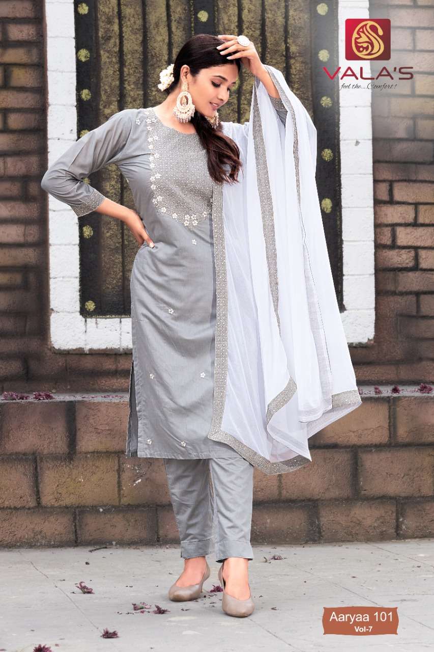 AARYAA VOL-7 BY VALAS 101 TO 106 SERIES BEAUTIFUL SUITS COLORFUL STYLISH FANCY CASUAL WEAR & ETHNIC WEAR CHANDERI DRESSES AT WHOLESALE PRICE