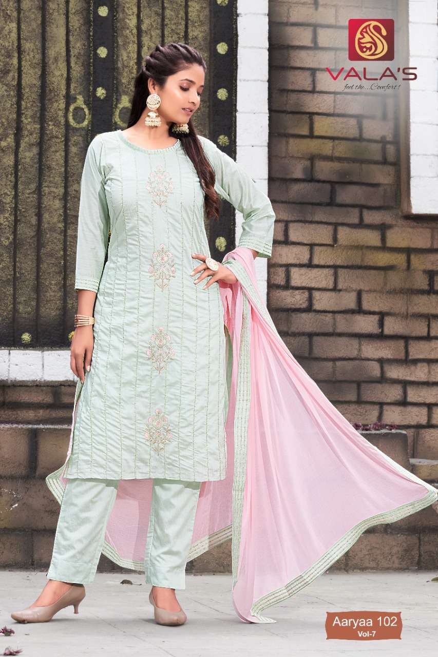 AARYAA VOL-7 BY VALAS 101 TO 106 SERIES BEAUTIFUL SUITS COLORFUL STYLISH FANCY CASUAL WEAR & ETHNIC WEAR CHANDERI DRESSES AT WHOLESALE PRICE