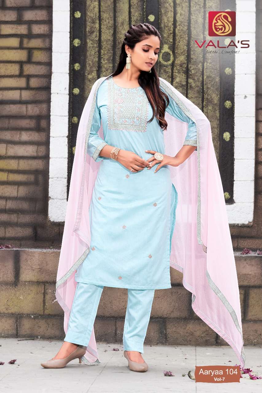 AARYAA VOL-7 BY VALAS 101 TO 106 SERIES BEAUTIFUL SUITS COLORFUL STYLISH FANCY CASUAL WEAR & ETHNIC WEAR CHANDERI DRESSES AT WHOLESALE PRICE