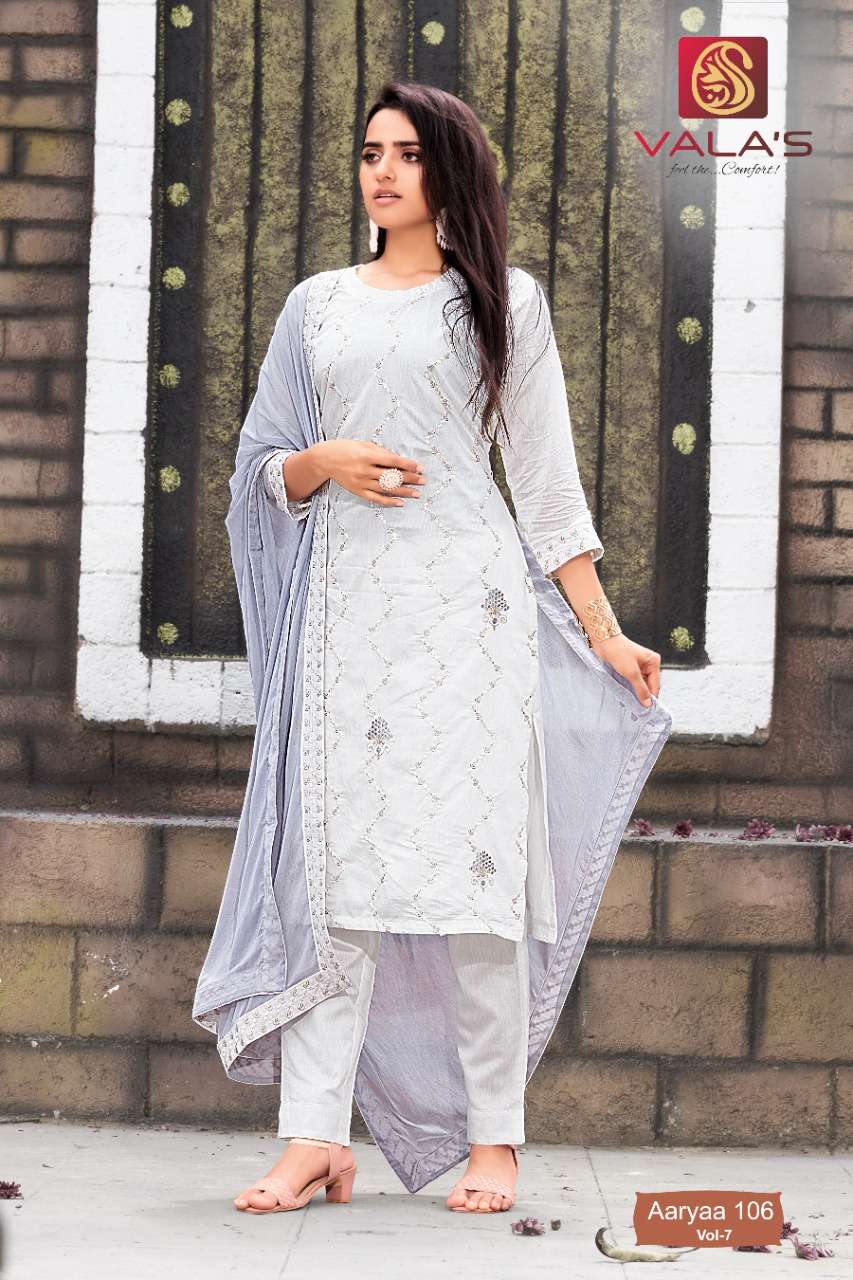 AARYAA VOL-7 BY VALAS 101 TO 106 SERIES BEAUTIFUL SUITS COLORFUL STYLISH FANCY CASUAL WEAR & ETHNIC WEAR CHANDERI DRESSES AT WHOLESALE PRICE