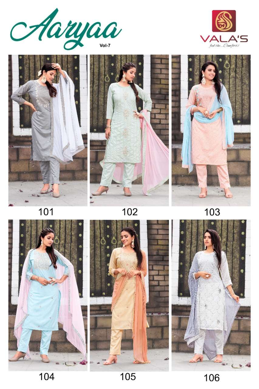 AARYAA VOL-7 BY VALAS 101 TO 106 SERIES BEAUTIFUL SUITS COLORFUL STYLISH FANCY CASUAL WEAR & ETHNIC WEAR CHANDERI DRESSES AT WHOLESALE PRICE