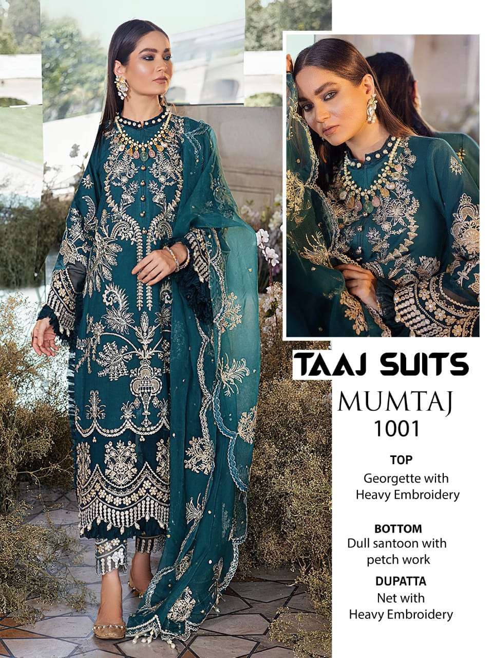 MUMTAZ BY TAAJ SUITS 1001 TO 1003 SERIES BEAUTIFUL PAKISTANI SUITS COLORFUL STYLISH FANCY CASUAL WEAR & ETHNIC WEAR GEORGETTE EMBROIDERED DRESSES AT WHOLESALE PRICE