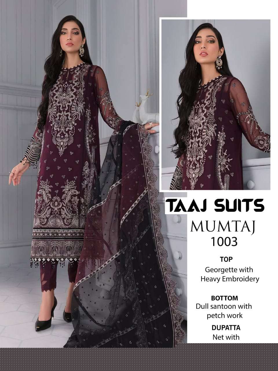 MUMTAZ BY TAAJ SUITS 1001 TO 1003 SERIES BEAUTIFUL PAKISTANI SUITS COLORFUL STYLISH FANCY CASUAL WEAR & ETHNIC WEAR GEORGETTE EMBROIDERED DRESSES AT WHOLESALE PRICE