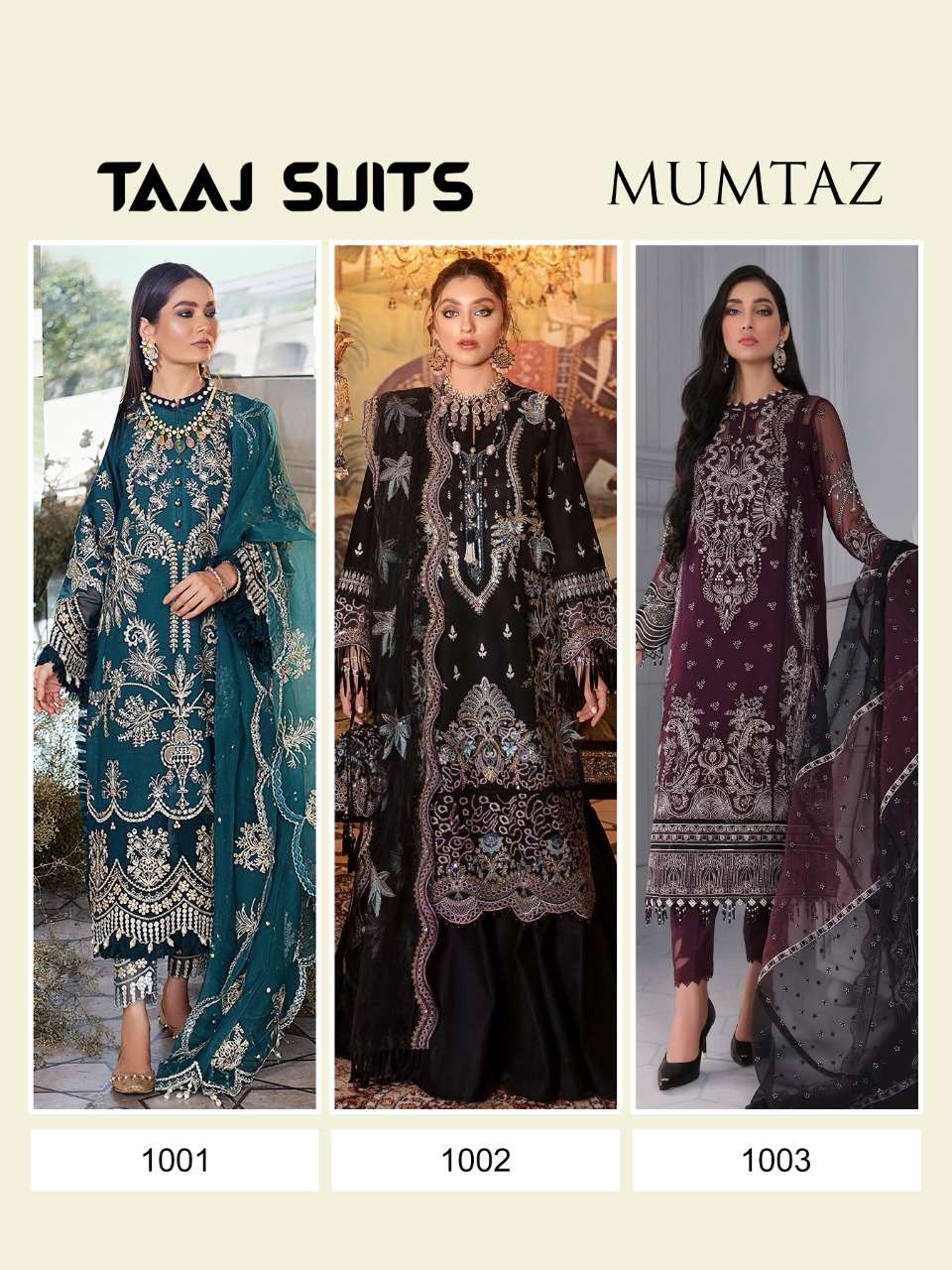MUMTAZ BY TAAJ SUITS 1001 TO 1003 SERIES BEAUTIFUL PAKISTANI SUITS COLORFUL STYLISH FANCY CASUAL WEAR & ETHNIC WEAR GEORGETTE EMBROIDERED DRESSES AT WHOLESALE PRICE