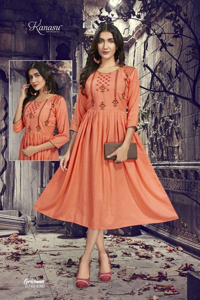 GRISHMA BY KANASU 1001 TO 1008 SERIES DESIGNER STYLISH FANCY COLORFUL BEAUTIFUL PARTY WEAR & ETHNIC WEAR COLLECTION RAYON SLUB KURTIS AT WHOLESALE PRICE