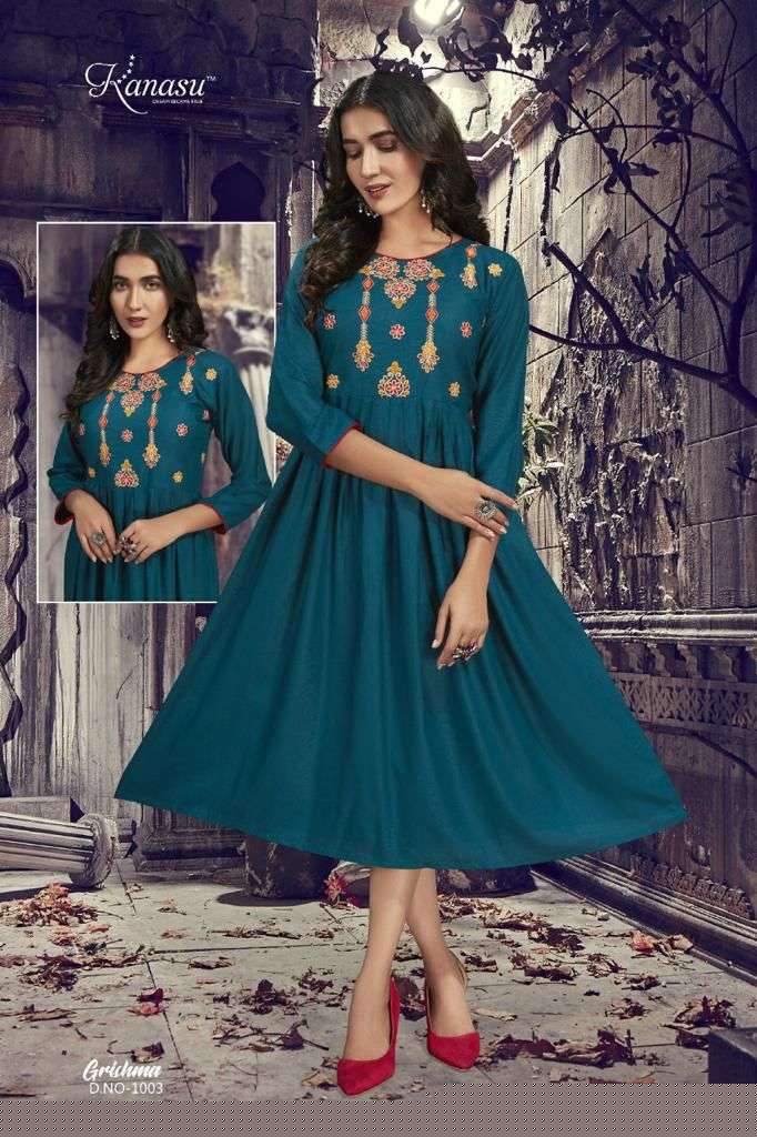 GRISHMA BY KANASU 1001 TO 1008 SERIES DESIGNER STYLISH FANCY COLORFUL BEAUTIFUL PARTY WEAR & ETHNIC WEAR COLLECTION RAYON SLUB KURTIS AT WHOLESALE PRICE