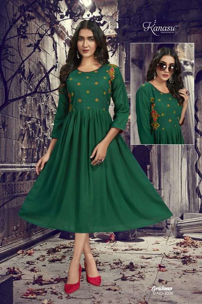 GRISHMA BY KANASU 1001 TO 1008 SERIES DESIGNER STYLISH FANCY COLORFUL BEAUTIFUL PARTY WEAR & ETHNIC WEAR COLLECTION RAYON SLUB KURTIS AT WHOLESALE PRICE