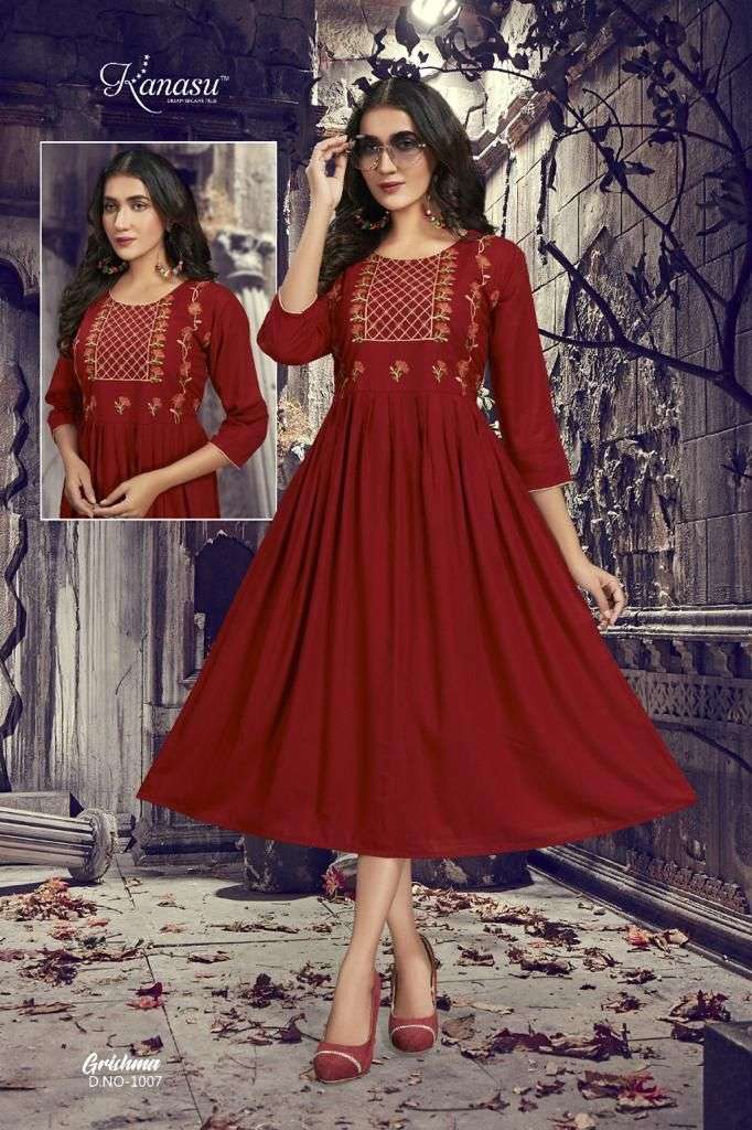 GRISHMA BY KANASU 1001 TO 1008 SERIES DESIGNER STYLISH FANCY COLORFUL BEAUTIFUL PARTY WEAR & ETHNIC WEAR COLLECTION RAYON SLUB KURTIS AT WHOLESALE PRICE