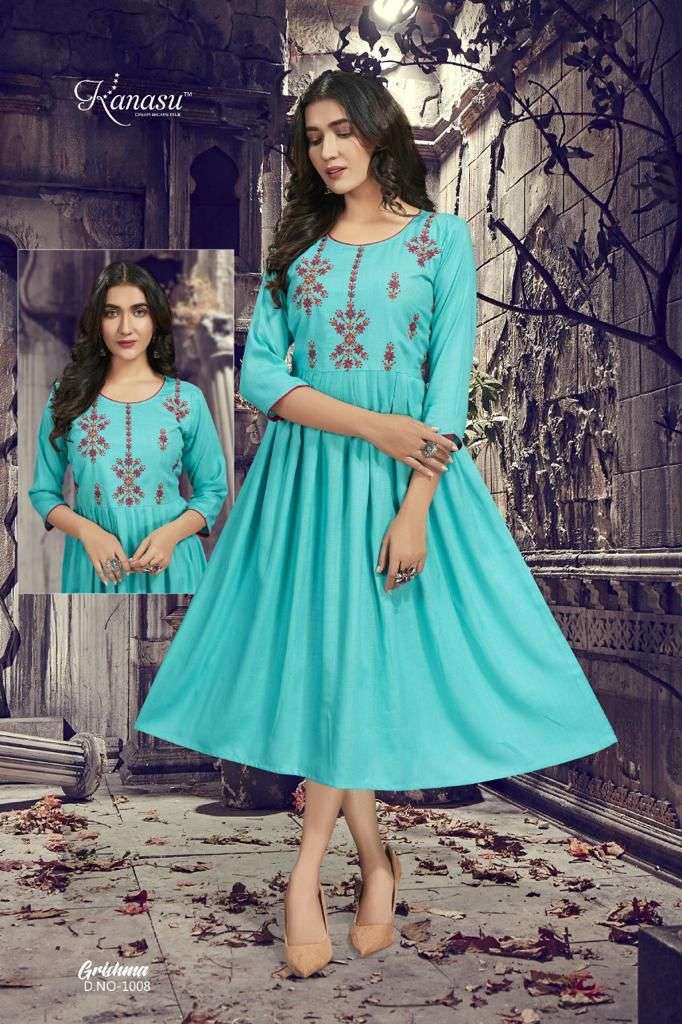 GRISHMA BY KANASU 1001 TO 1008 SERIES DESIGNER STYLISH FANCY COLORFUL BEAUTIFUL PARTY WEAR & ETHNIC WEAR COLLECTION RAYON SLUB KURTIS AT WHOLESALE PRICE