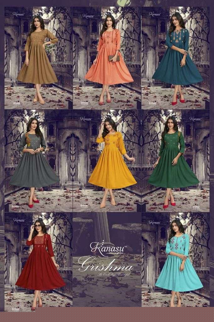 GRISHMA BY KANASU 1001 TO 1008 SERIES DESIGNER STYLISH FANCY COLORFUL BEAUTIFUL PARTY WEAR & ETHNIC WEAR COLLECTION RAYON SLUB KURTIS AT WHOLESALE PRICE
