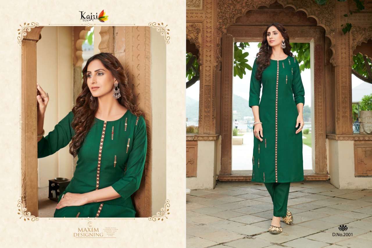 NAMYA VOL-2 BY KAJRI STYLE 2001 TO 2008 SERIES DESIGNER STYLISH FANCY COLORFUL BEAUTIFUL PARTY WEAR & ETHNIC WEAR COLLECTION RAYON WITH WORK KURTIS WITH BOTTOM AT WHOLESALE PRICE