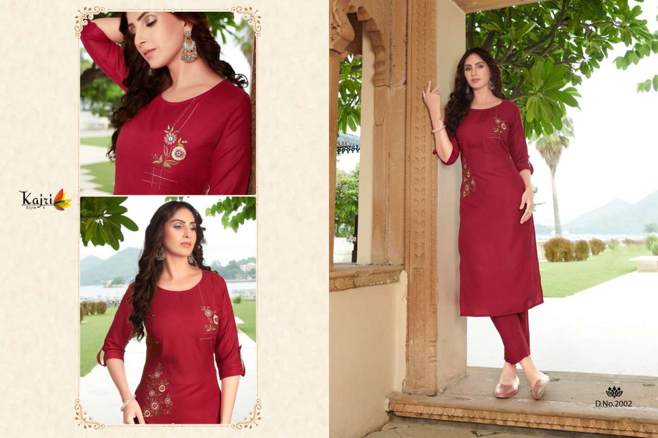 NAMYA VOL-2 BY KAJRI STYLE 2001 TO 2008 SERIES DESIGNER STYLISH FANCY COLORFUL BEAUTIFUL PARTY WEAR & ETHNIC WEAR COLLECTION RAYON WITH WORK KURTIS WITH BOTTOM AT WHOLESALE PRICE