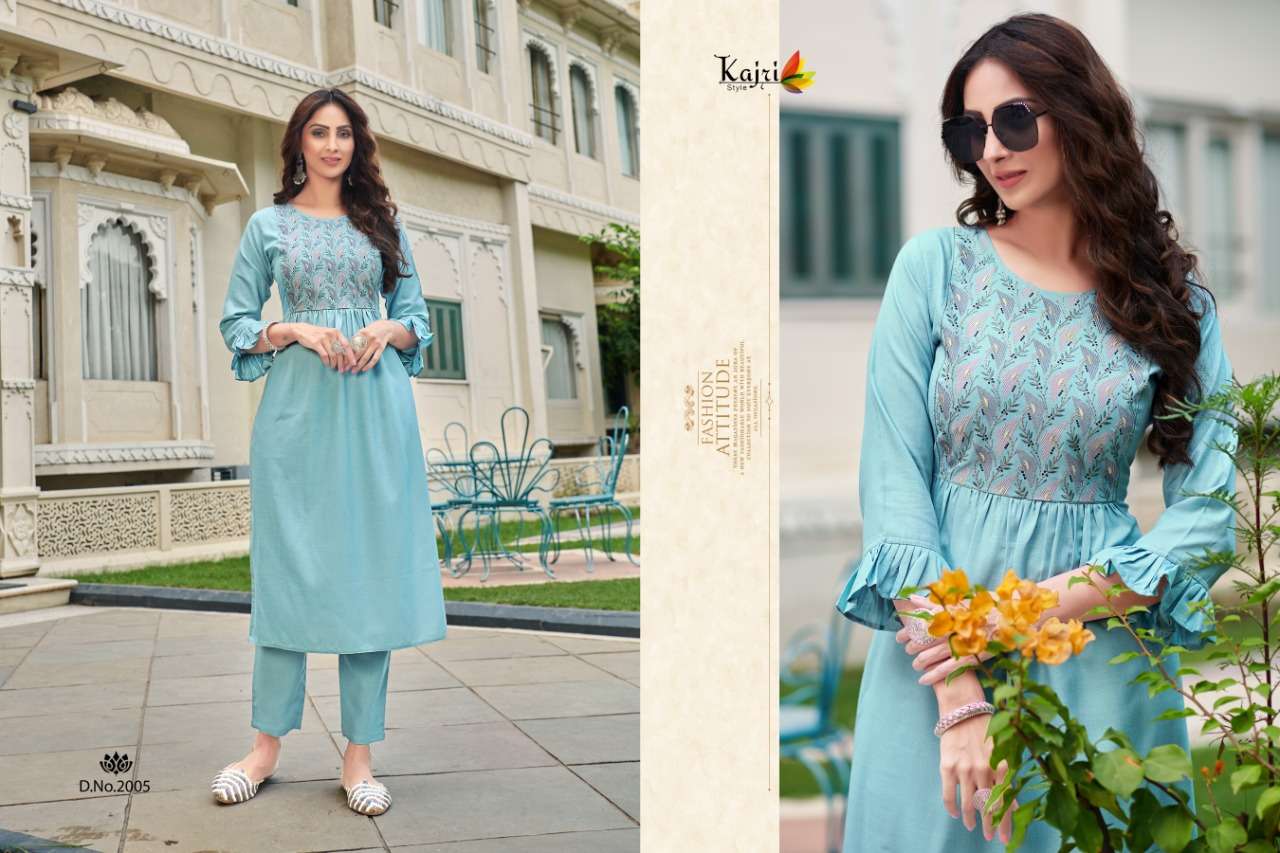 NAMYA VOL-2 BY KAJRI STYLE 2001 TO 2008 SERIES DESIGNER STYLISH FANCY COLORFUL BEAUTIFUL PARTY WEAR & ETHNIC WEAR COLLECTION RAYON WITH WORK KURTIS WITH BOTTOM AT WHOLESALE PRICE