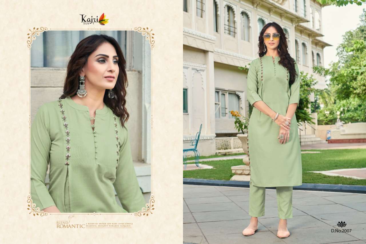 NAMYA VOL-2 BY KAJRI STYLE 2001 TO 2008 SERIES DESIGNER STYLISH FANCY COLORFUL BEAUTIFUL PARTY WEAR & ETHNIC WEAR COLLECTION RAYON WITH WORK KURTIS WITH BOTTOM AT WHOLESALE PRICE