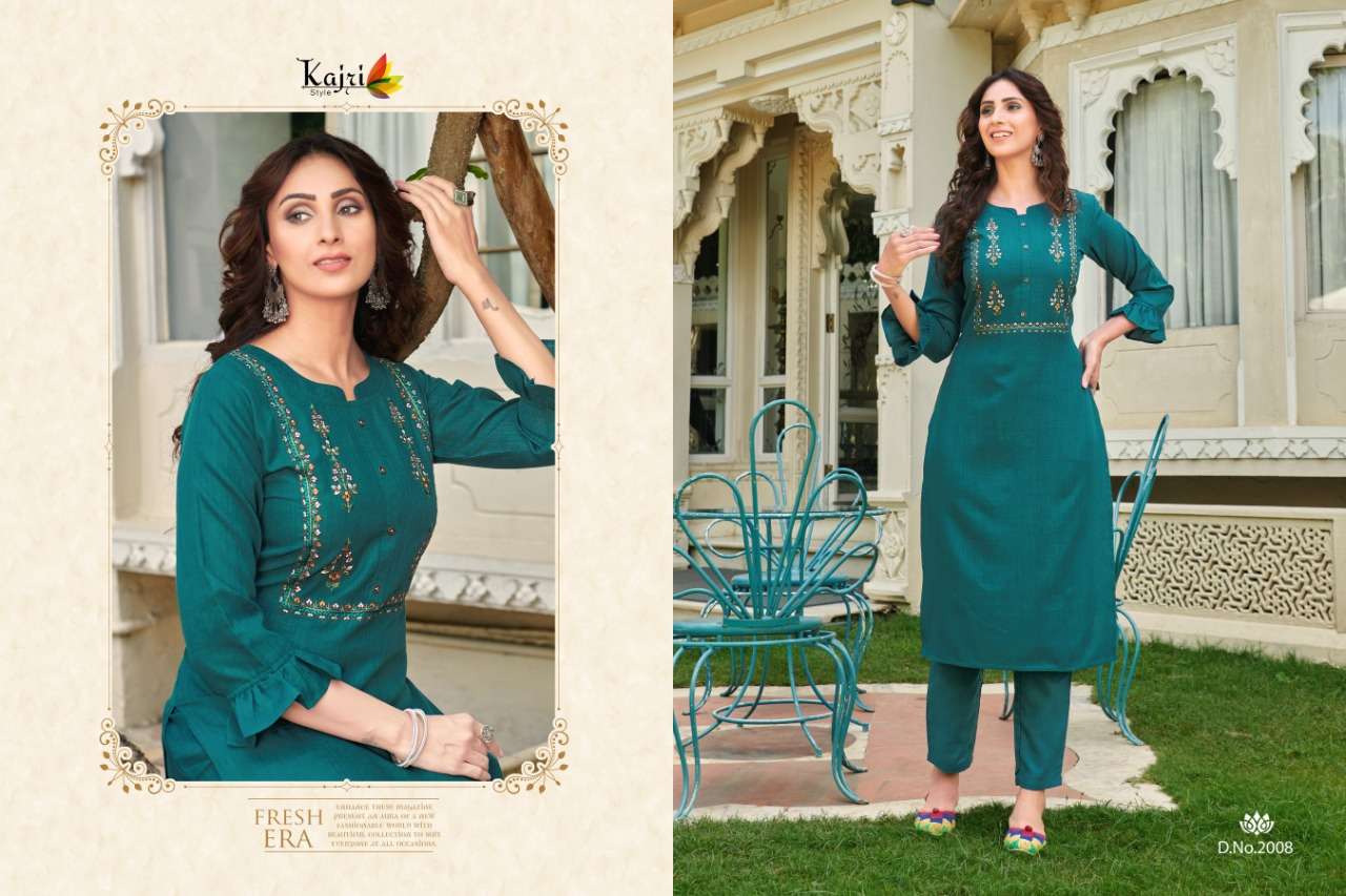 NAMYA VOL-2 BY KAJRI STYLE 2001 TO 2008 SERIES DESIGNER STYLISH FANCY COLORFUL BEAUTIFUL PARTY WEAR & ETHNIC WEAR COLLECTION RAYON WITH WORK KURTIS WITH BOTTOM AT WHOLESALE PRICE