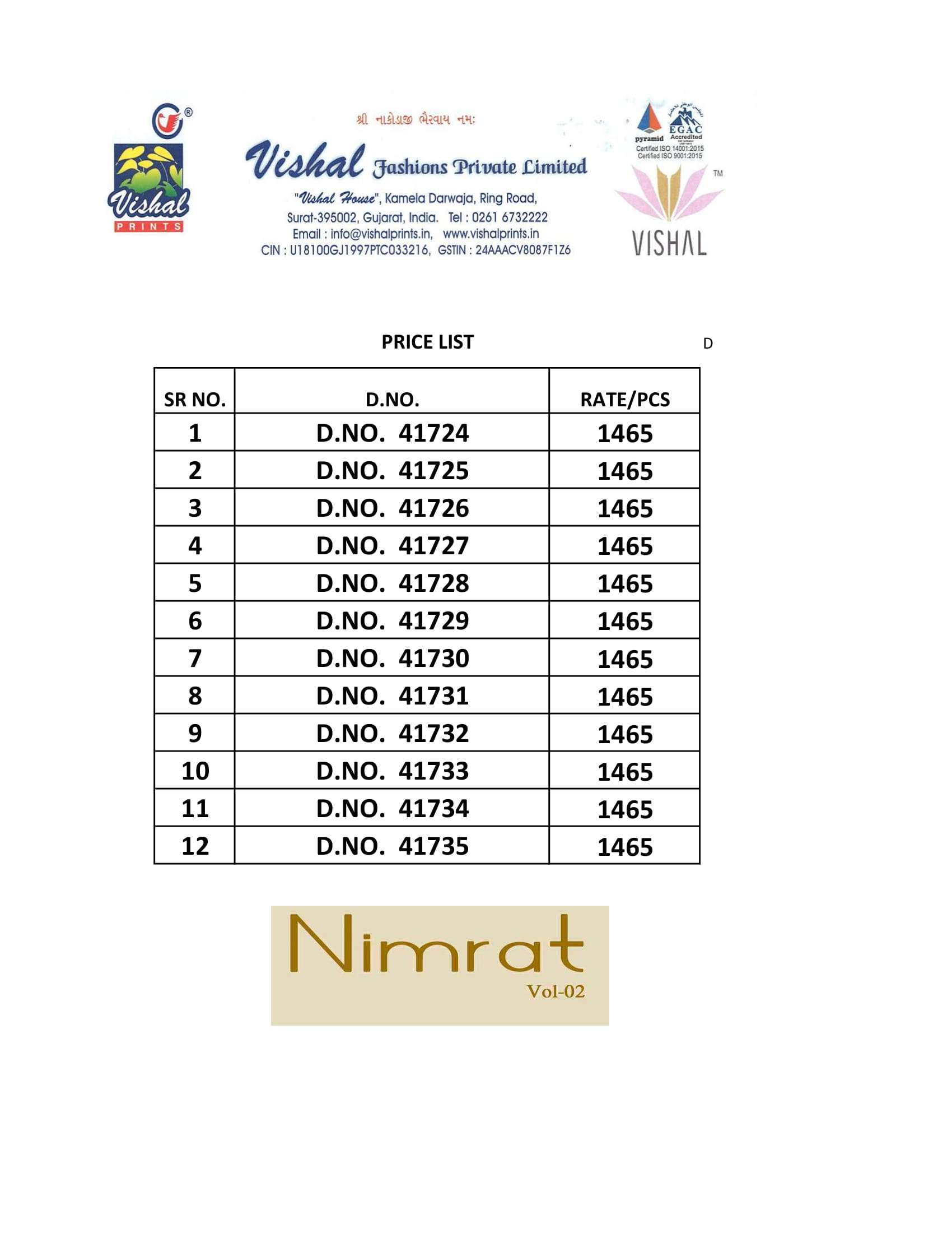 NIMRAT VOL-2 BY VISHAL PRINTS 41724 TO 41735 SERIES INDIAN TRADITIONAL WEAR COLLECTION BEAUTIFUL STYLISH FANCY COLORFUL PARTY WEAR & OCCASIONAL WEAR FANCY SAREES AT WHOLESALE PRICE