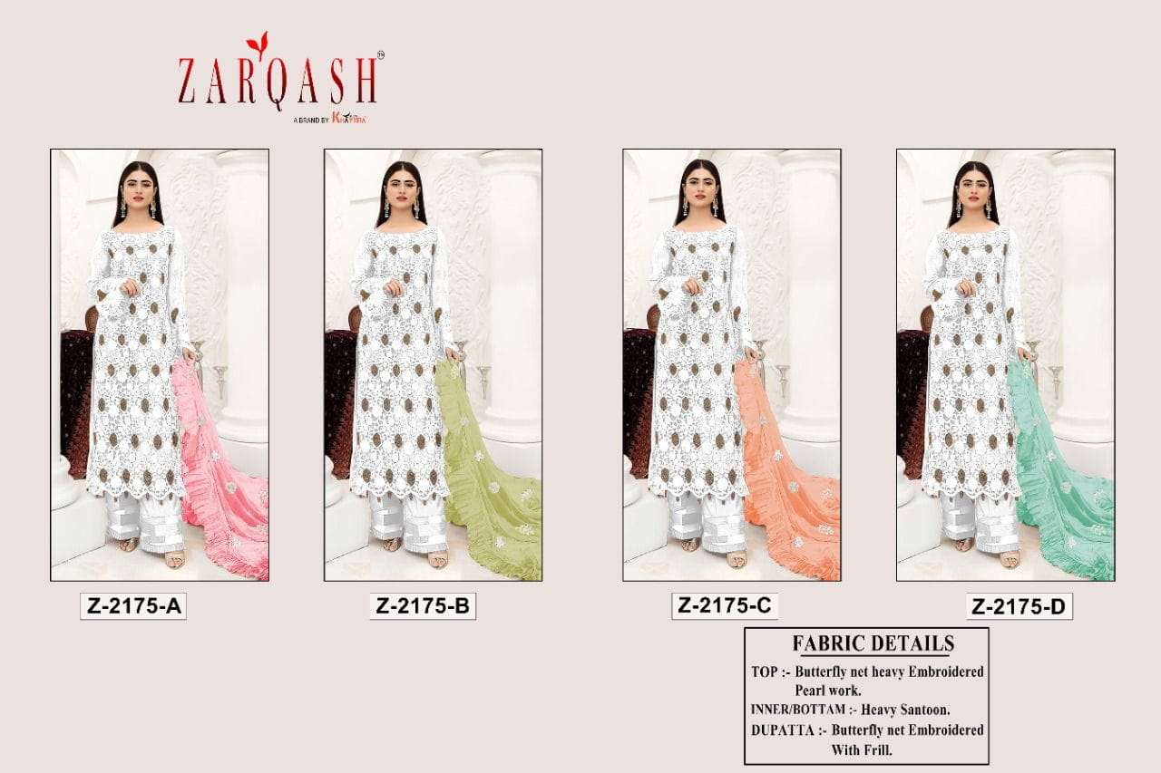 Zarqash Hit Design 2175 Colours By Zarqash 2175-A To 2175-D Series Designer Festive Pakistani Suits Collection Beautiful Stylish Fancy Colorful Party Wear & Occasional Wear Butterfly Net Embroidered Dresses At Wholesale Price