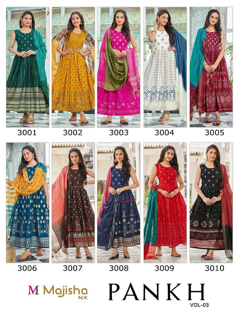 PANKH VOL-3 BY MAJISHA NX 3001 TO 3010 SERIES BEAUTIFUL STYLISH FANCY COLORFUL CASUAL WEAR & ETHNIC WEAR RAYON FOIL GOWNS WITH DUPATTA AT WHOLESALE PRICE