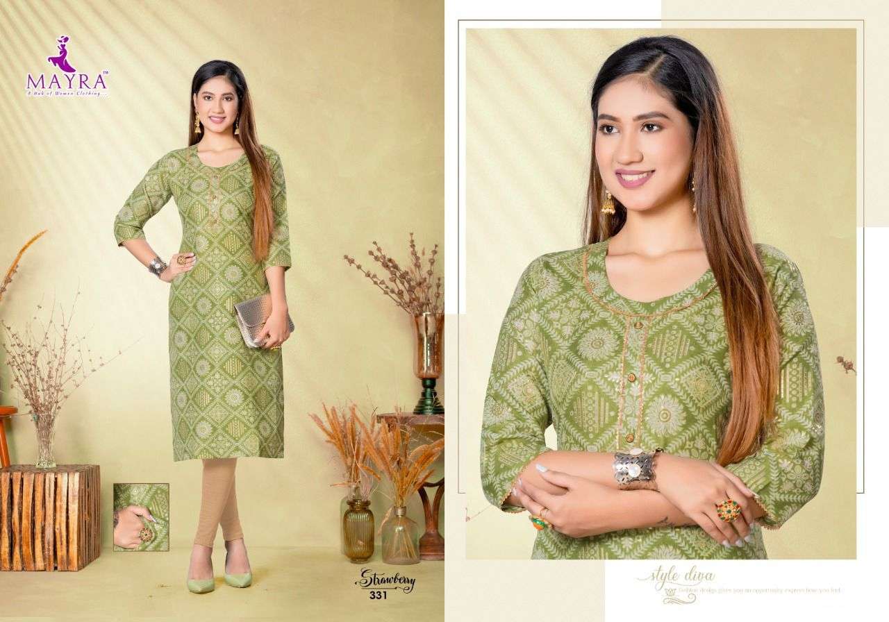 STRAWBERRY BY MAYRA 331 TO 338 SERIES DESIGNER STYLISH FANCY COLORFUL BEAUTIFUL PARTY WEAR & ETHNIC WEAR COLLECTION RAYON FOIL PRINT KURTIS AT WHOLESALE PRICE