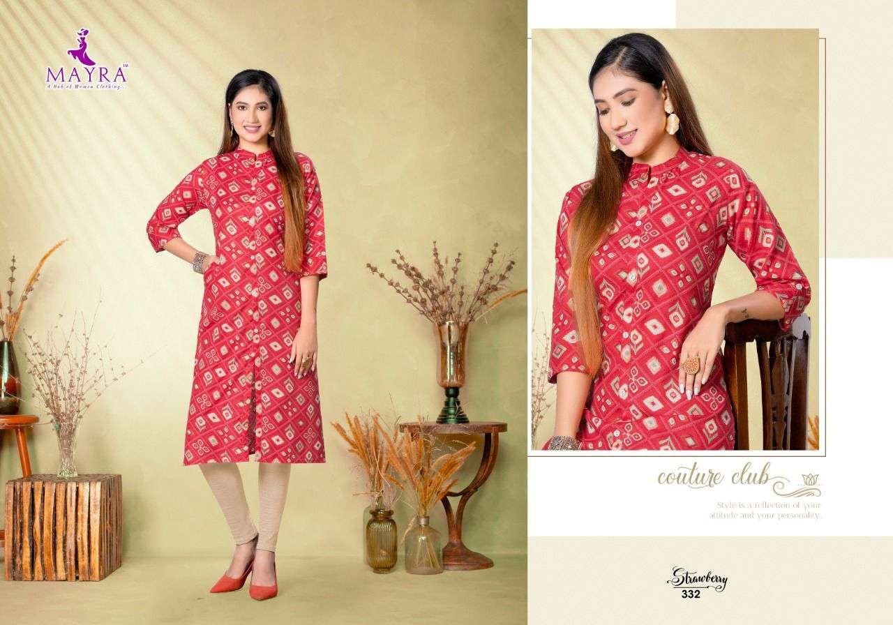 STRAWBERRY BY MAYRA 331 TO 338 SERIES DESIGNER STYLISH FANCY COLORFUL BEAUTIFUL PARTY WEAR & ETHNIC WEAR COLLECTION RAYON FOIL PRINT KURTIS AT WHOLESALE PRICE