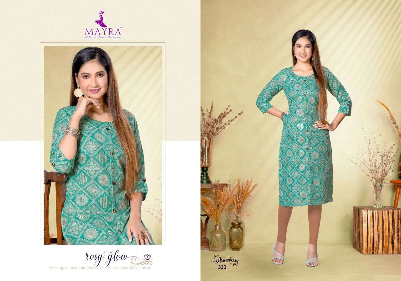 STRAWBERRY BY MAYRA 331 TO 338 SERIES DESIGNER STYLISH FANCY COLORFUL BEAUTIFUL PARTY WEAR & ETHNIC WEAR COLLECTION RAYON FOIL PRINT KURTIS AT WHOLESALE PRICE