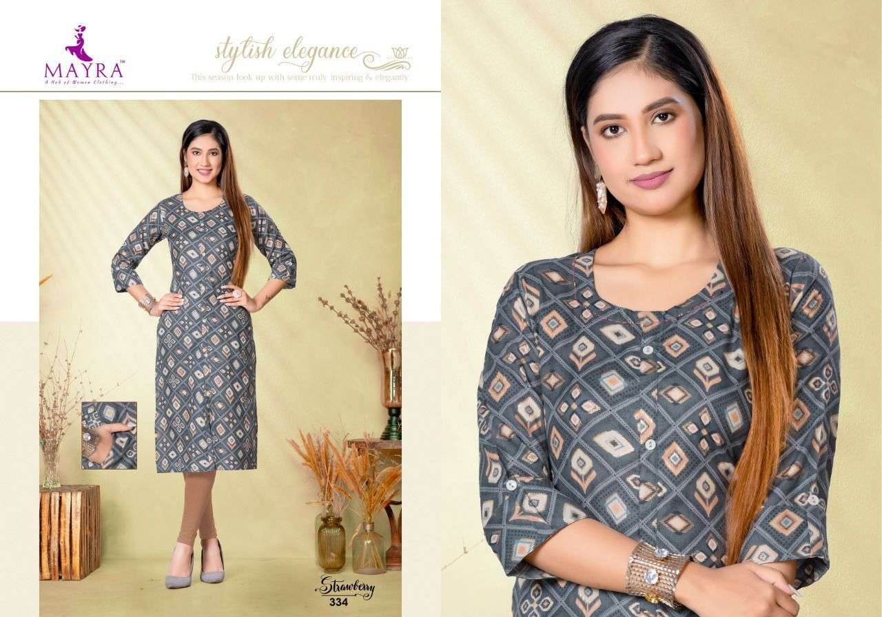 STRAWBERRY BY MAYRA 331 TO 338 SERIES DESIGNER STYLISH FANCY COLORFUL BEAUTIFUL PARTY WEAR & ETHNIC WEAR COLLECTION RAYON FOIL PRINT KURTIS AT WHOLESALE PRICE