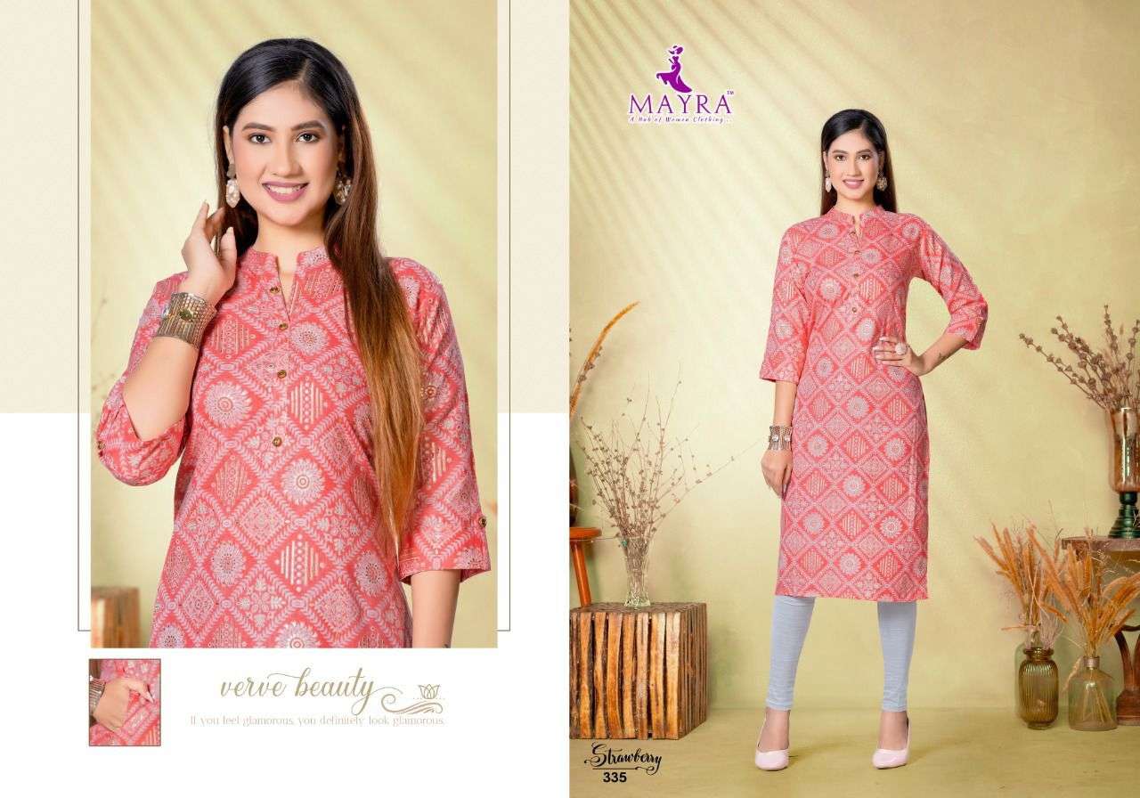 STRAWBERRY BY MAYRA 331 TO 338 SERIES DESIGNER STYLISH FANCY COLORFUL BEAUTIFUL PARTY WEAR & ETHNIC WEAR COLLECTION RAYON FOIL PRINT KURTIS AT WHOLESALE PRICE