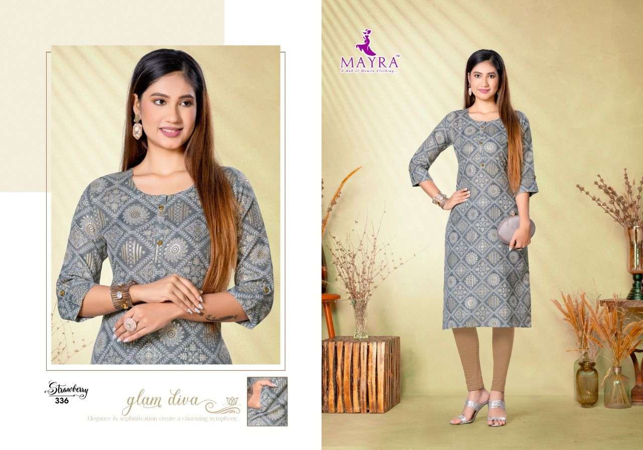 STRAWBERRY BY MAYRA 331 TO 338 SERIES DESIGNER STYLISH FANCY COLORFUL BEAUTIFUL PARTY WEAR & ETHNIC WEAR COLLECTION RAYON FOIL PRINT KURTIS AT WHOLESALE PRICE